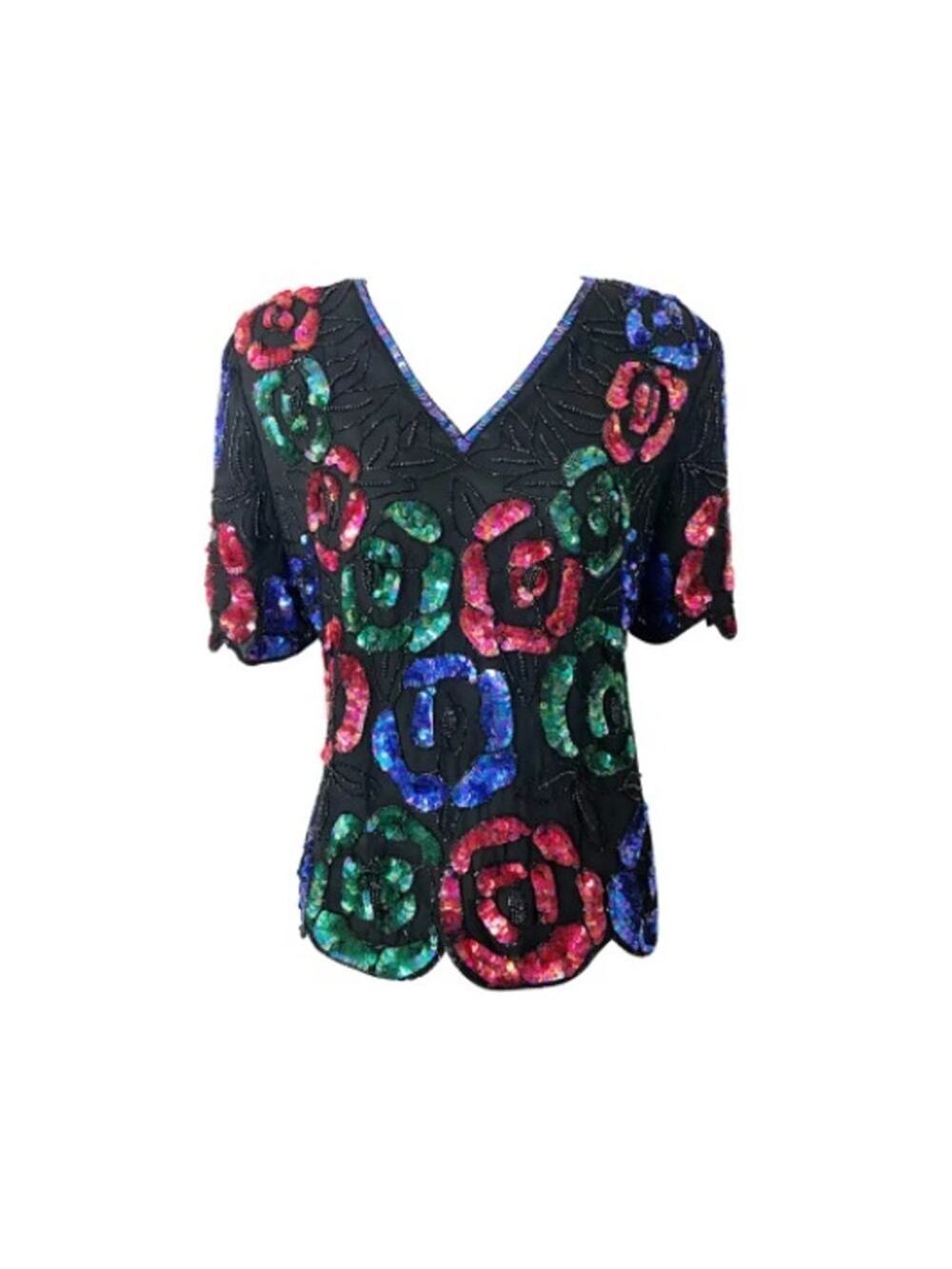 Stenay Vintage Women's Short Sleeve Beaded 1980 dress Formal Blouse Top Size S